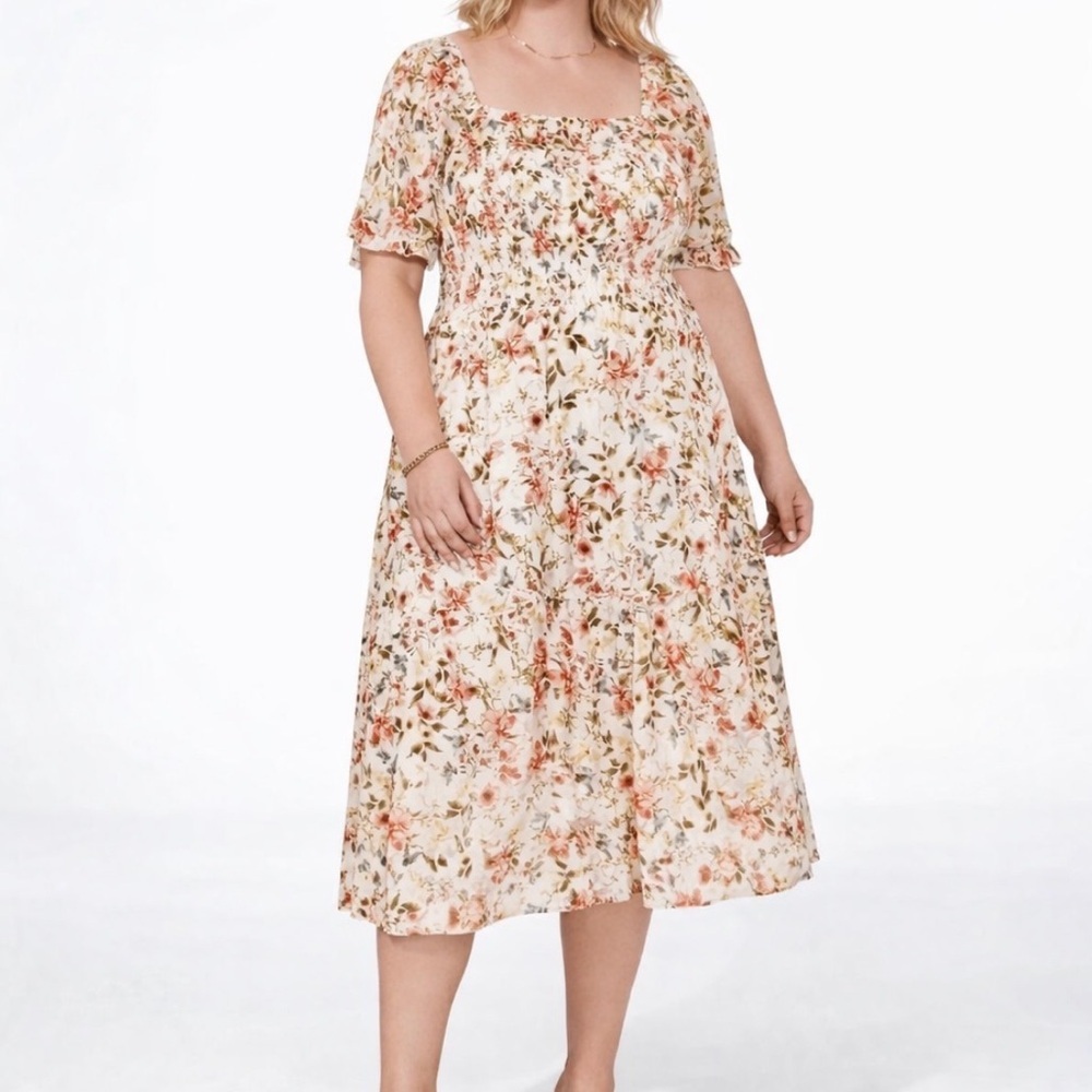 NWT $130 Midi Dress cream floral chiffon smocked puff sleeve Womens Plus Sz 3X